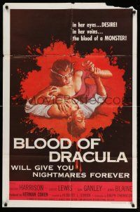 2m519 BLOOD OF DRACULA 1sh '57 art of female vampire attacking male victim!