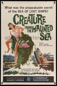 2m551 CREATURE FROM THE HAUNTED SEA 1sh '61 great art of monster's hand in sea grabbing sexy girl!