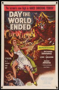 2m569 DAY THE WORLD ENDED 1sh '56 Roger Corman, great art of sexy Lori Nelson & wacky monster!
