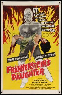2m615 FRANKENSTEIN'S DAUGHTER 1sh '58 great close up artwork of wacky monster holding sexy girl!