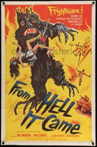 2m618 FROM HELL IT CAME 1sh '57 classic artwork of wacky tree monster holding sexy girl!