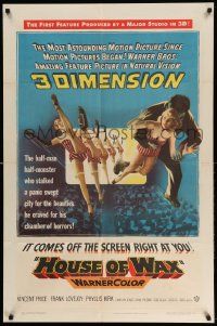 2m643 HOUSE OF WAX 3D 1sh '53 artwork of monster & sexy girls kicking off the movie screen!