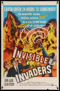 2m656 INVISIBLE INVADERS 1sh '59 cool artwork of alien who gives Earth 24 hours to surrender!