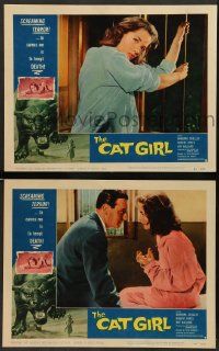 2m457 CAT GIRL 2 LCs '57 human feline Barbara Shelley, cool border art of huge cat, English horror!