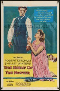2m723 NIGHT OF THE HUNTER 1sh '55 Robert Mitchum, Shelley Winters, Charles Laughton classic!