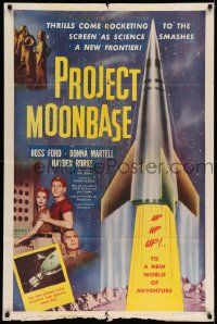 2m747 PROJECT MOONBASE 1sh '53 Robert Heinlein, cool art of rocket ship & wacky astronauts!