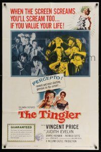 2m798 TINGLER 1sh '59 Vincent Price, William Castle, terrified audience, presented in Percepto!