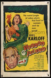 2m816 VOODOO ISLAND 1sh '57 Boris Karloff, art of woman-eating cobra plant attacking girl!