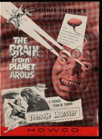 2m098 BRAIN FROM PLANET AROUS/TEENAGE MONSTER pressbook '57 wacky monster with rays from eyes!