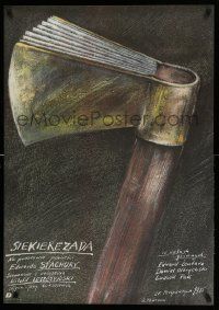 2p366 SIEKIEREZADA Polish 26x38 '85 cool artwork of hatchet & book heads by Andrzej Pagowski!
