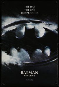 2r084 BATMAN RETURNS teaser DS 1sh '92 Burton, Keaton, The Bat, The Cat, The Penguin, cool logo desi