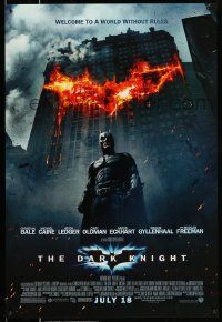 2r178 DARK KNIGHT advance DS 1sh '08 Christian Bale as Batman in front of flaming building!