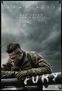 2r276 FURY teaser DS 1sh '14 great image of soldier Brad Pitt, war never ends quietly!