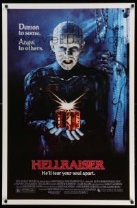 2r339 HELLRAISER 1sh '87 Clive Barker horror, great image of Pinhead, he'll tear your soul apart!