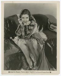 2s922 TRUTH ABOUT YOUTH 8x10.25 still '30 sexy smiling Loretta Young wearing fur & lace dress!