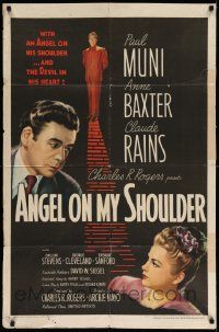 2t052 ANGEL ON MY SHOULDER 1sh '46 artwork of Paul Muni, Claude Rains, pretty Anne Baxter!