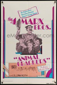 2t054 ANIMAL CRACKERS 1sh R74 wacky artwork of all four Marx Brothers!