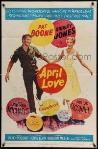 2t067 APRIL LOVE 1sh '57 full-length romantic art of Pat Boone & sexy Shirley Jones!