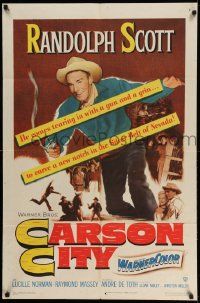 2t192 CARSON CITY 1sh '52 cowboy Randolph Scott in Nevada with a gun and a grin!