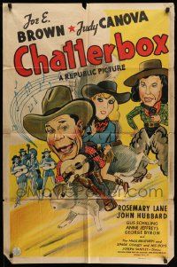 2t206 CHATTERBOX 1sh '43 wonderful cartoon art of cowboy Joe E. Brown & cowgirl Judy Canova!