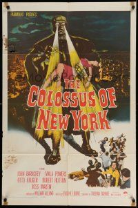 2t232 COLOSSUS OF NEW YORK 1sh '58 great art of robot monster holding sexy girl & attacking!