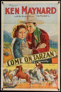 2t234 COME ON, TARZAN 1sh '32 cool stone litho of cowboy Ken Maynard, Merna Kennedy & horses!