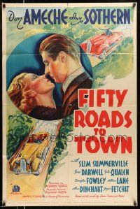 2t345 FIFTY ROADS TO TOWN 1sh '37 great stone litho art of young Don Ameche & sexy Ann Sothern!