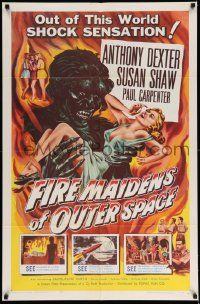 2t348 FIRE MAIDENS OF OUTER SPACE 1sh '56 great art of monster holding sexy babe by Kallis!