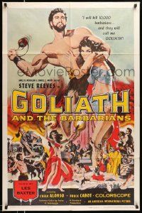 2t396 GOLIATH & THE BARBARIANS 1sh '59 art of Reeves protecting Chelo Alonso by Reynold Brown!