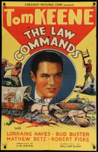 2t528 LAW COMMANDS 1sh '37 cool cowboy western artwork of Tom Keene, directed by William Nigh!