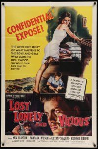 2t560 LOST, LONELY & VICIOUS 1sh '58 art of sexy barely-dressed bad girl leaning on bed!