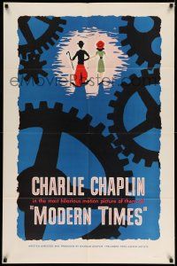 2t616 MODERN TIMES 1sh R59 great Henry Cerutti artwork of Charlie Chaplin & Goddard with gears!