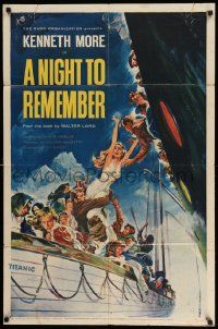 2t650 NIGHT TO REMEMBER 1sh '59 English Titanic biography, John Floherty Jr. art of tragedy!