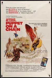 2t728 PUPPET ON A CHAIN int'l 1sh '72 Alistair MacLean novel, Sven-Bertil Taube, boat chase art!