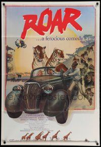 2t766 ROAR 1sh '81 cool Hopkins comedy jungle art of big cats, the most dangerous movie ever made!