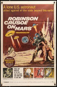 2t771 ROBINSON CRUSOE ON MARS 1sh '64 cool sci-fi art of Paul Mantee & his man Friday!