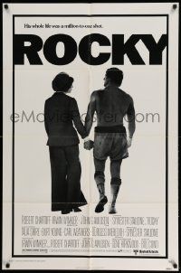 2t774 ROCKY 1sh '76 boxer Sylvester Stallone holding hands with Talia Shire, boxing classic!