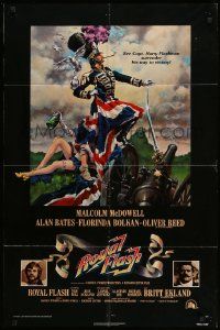 2t785 ROYAL FLASH int'l 1sh '75 great art of uniformed Malcolm McDowell & sexy babe draped in flag!