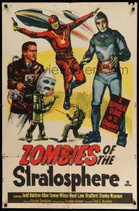 2t998 ZOMBIES OF THE STRATOSPHERE 1sh '52 Republic serial, great art of aliens with guns!