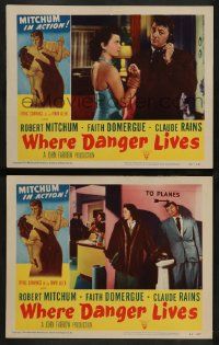 2w994 WHERE DANGER LIVES 2 LCs '50 great images of Robert Mitchum & Faith Domergue!
