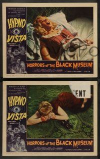 2w757 HORRORS OF THE BLACK MUSEUM 3 LCs '59 English horror, cool Hypno-Vista border artwork!