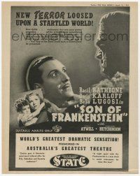 2x786 SON OF FRANKENSTEIN Australian trade ad '39 Basil Rathbone being choked by Boris Karloff!