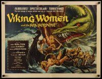 2y953 VIKING WOMEN & THE SEA SERPENT 1/2sh '58 female warriors attacked on ship by Reynold Brown!