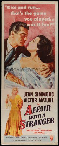 2y004 AFFAIR WITH A STRANGER revised insert '53 great artwork of Jean Simmons, Victor Mature!