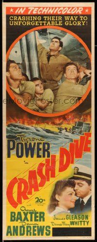 2y114 CRASH DIVE insert '43 stone litho of Tyrone Power & Anne Baxter + burning ocean!