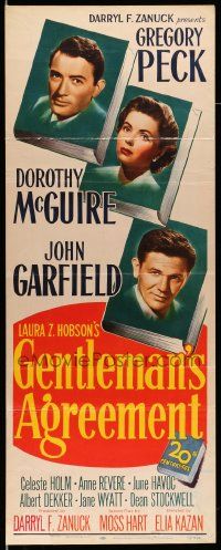 2y176 GENTLEMAN'S AGREEMENT insert '47 Elia Kazan, Gregory Peck, Dorothy McGuire, John Garfield