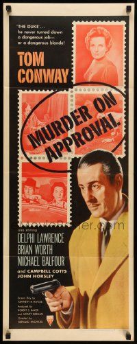 2y317 MURDER ON APPROVAL insert '56 art of detective Tom Conway w/pistol, English noir!