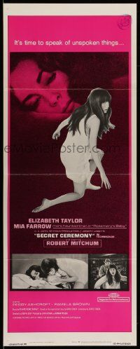 2y389 SECRET CEREMONY insert '68 Liz Taylor, Mia Farrow, Robert Mitchum, Joseph Losey