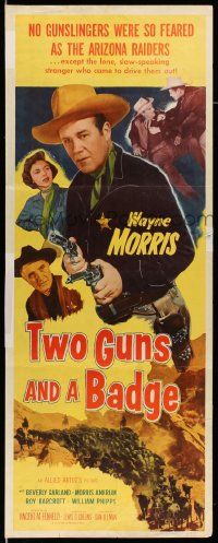 2y459 TWO GUNS & A BADGE insert '54 close up of cowboy Wayne Morris pointing two guns!