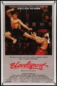 2z098 BLOODSPORT 1sh '88 cool image of Jean Claude Van Damme kicking Bolo Yeung in his huge pecs!
